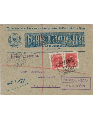 FA5122. 1938, Correo certificado de Alagon a Zaragoza