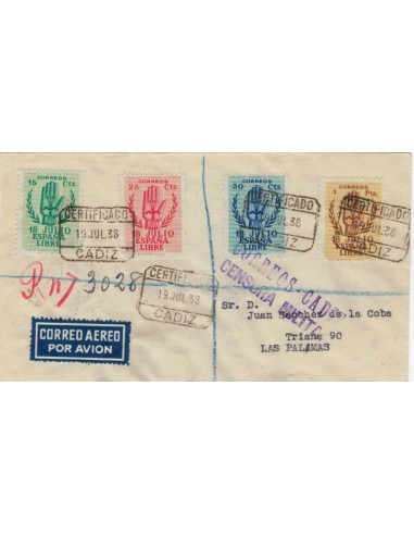 FA5132. 1938, correo certificado de Cadiz a Las Palmas