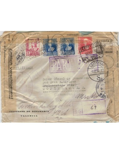 FA5140. 1939, correo certificado de Valencia a Copenhague (Dinamarca)