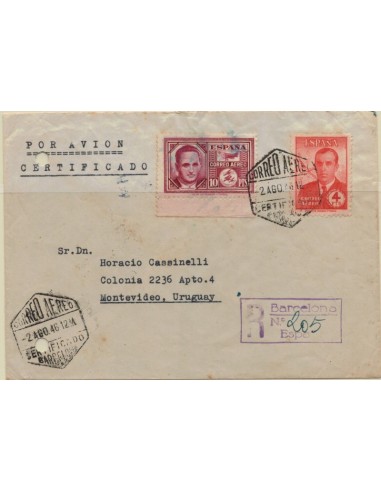 FA5177. 1946, correo certificado de Barcelona a Montevideo (Uruguay)
