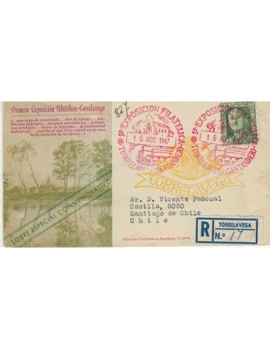 FA5182. 1947, Correo certificado de Torrelavega a Santiago de Chile (Chile)