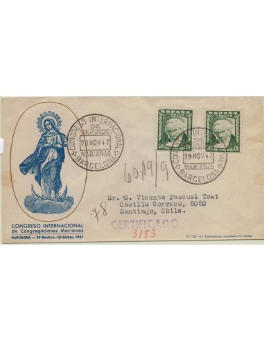 FA5190. 1947, Correo certificado de Barcelona a Santiago de Chile (Chile)