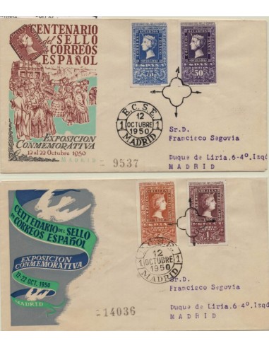 FA5255. 1950, Centenario del sello español, 2 sobres de primer dia, correo aereo y correo ordinario
