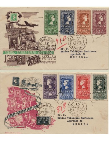 FA5257. 1950, Centenario del sello español, 2 sobres correo aereo y correo ordinario remitidos a Merida