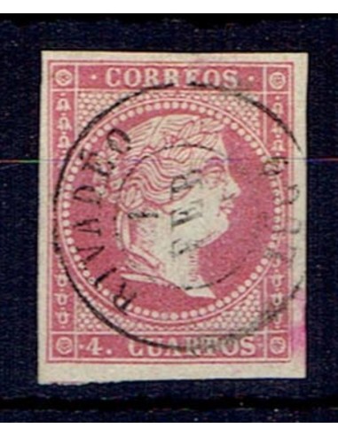 FA5352. Emision de 1855-59. 4 cuartos rojo cancelado con fechador de Rivadeo