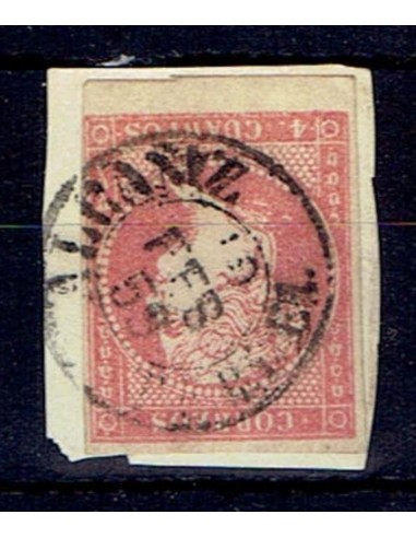 FA5365. Emision de 1855-59. 4 cuartos rojo cancelado con fechador de Alcañiz