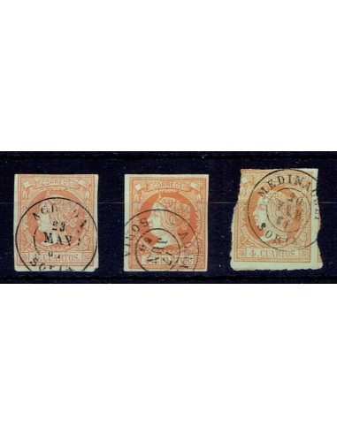 FA5412. Emision de 1860. Conjunto de 3 valores de 4 cuartos con fechadores de la provincia de Soria