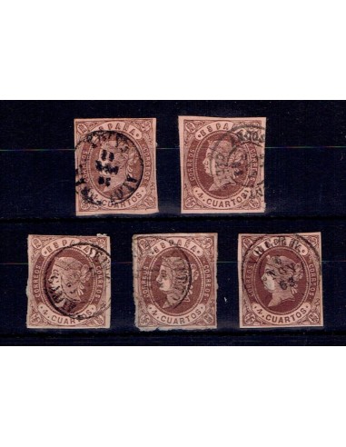 FA5443. Emision de julio de 1862. Conjunto de 5 valores de 4 cuartos con fechadores de la provincia de Cadiz