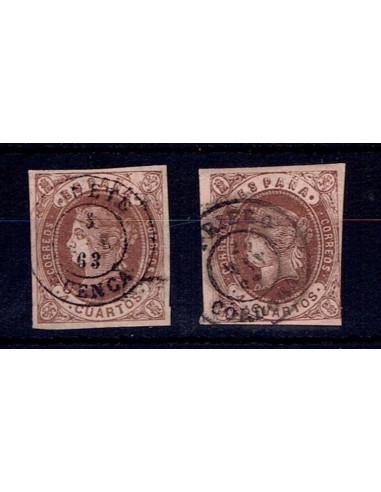 FA5448. Emision de julio de 1862. Conjunto de 2 valores de 4 cuartos con fechadores de la provincia de Cuenca