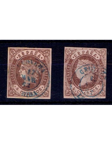 FA5456. Emision de julio de 1862. Conjunto de 2 valores de 4 cuartos con fechadores de la provincia de Lerida