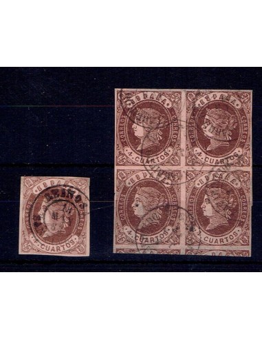 FA5466. Emision de julio de 1862. Conjunto de 5 valores de 4 cuartos con fechadores de la provincia de Santander