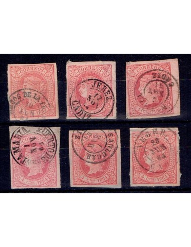 FA5495. Emision de 1 de enero de 1864. Conjunto de 6 valores de 4 cuartos con fechadores de la provincia de Cadiz