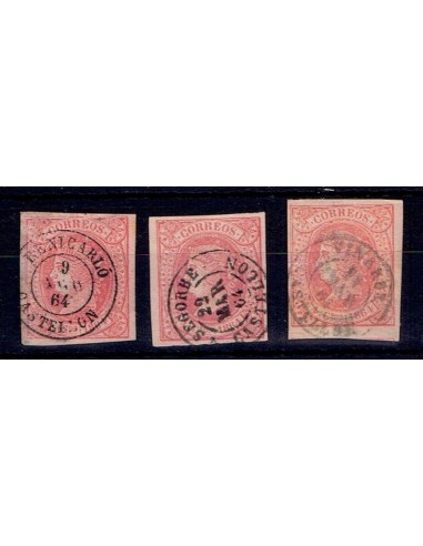 FA5496. Emision de 1 de enero de 1864. Conjunto de 3 valores de 4 cuartos con fechadores de la provincia de Castellon
