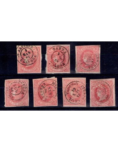 FA5498. Emision de 1 de enero de 1864. Conjunto de 7 valores de 4 cuartos con fechadores de la provincia de Cordoba