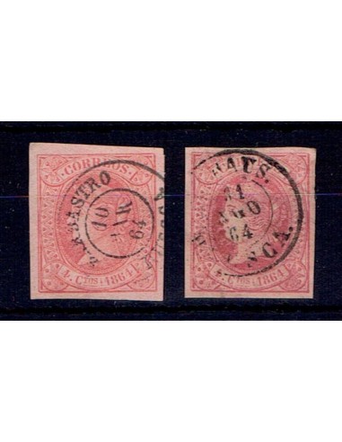 FA5504. Emision de 1 de enero de 1864. Conjunto de 2 valores de 4 cuartos con fechadores de la provincia de Huesca