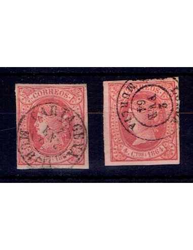 FA5511. Emision de 1 de enero de 1864. Conjunto de 2 valores de 4 cuartos con fechadores de la provincia de Murcia