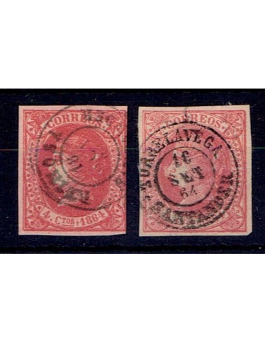 FA5516. Emision de 1 de enero de 1864. Conjunto de 2 valores de 4 cuartos con fechadores de la provincia de Santander