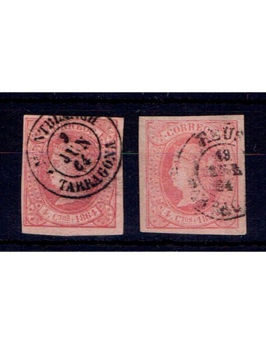 FA5519. Emision de 1 de enero de 1864. Conjunto de 2 valores de 4 cuartos con fechadores de la provincia de Tarragona