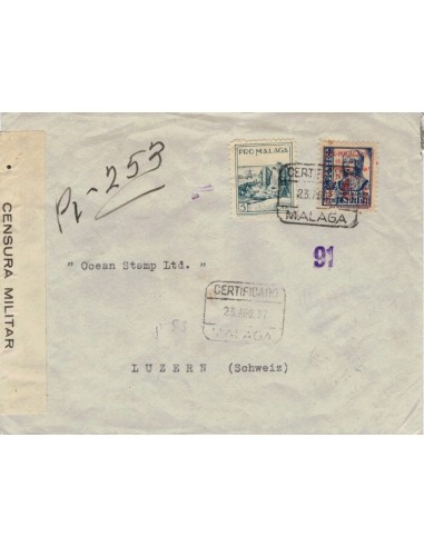 FA5588, 1937, Certificado de Malaga a Lucerna, franqueo con sobrecarga