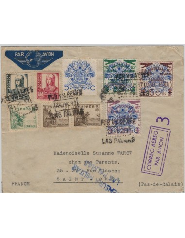 FA5589, 1937, Certificado de Las Palmas a Saint Omer, franqueo con sobrecarga