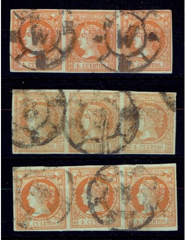 FA5640, Emisión de 1860. Conjunto de 3 tiras de 3 valores cancelados con Ruedas de Carreta