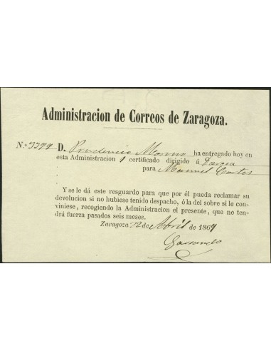 Aragón. Historia Postal. Aragón. Historia Postal. Resguardo de certificado.