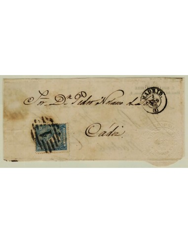 FA5882. 1866, carta de Madrid a Cadiz, franqueo cancelado con parrilla con cifra