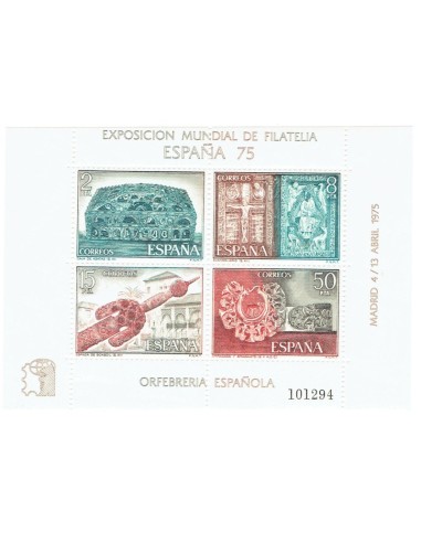 FA6001. Hojita postal, 1975, Exposicion Mundial de Filatelia ESPAÑA 75, Orfebrería española