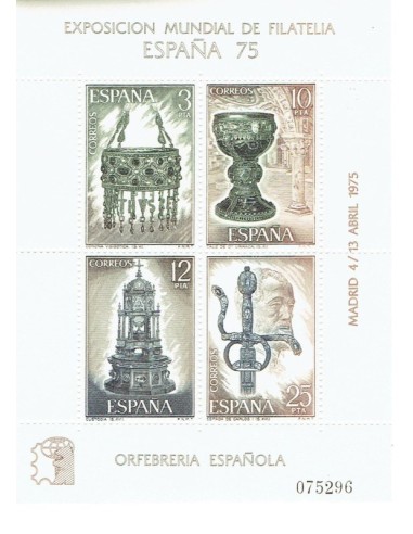 FA6003. Hojita postal, 1975, Exposicion Mundial de Filatelia ESPAÑA 75, Orfebrería española