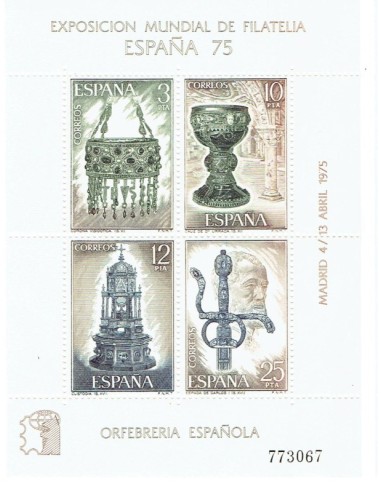 FA6005. Hojita postal, 1975, Exposicion Mundial de Filatelia ESPAÑA 75, Orfebrería española