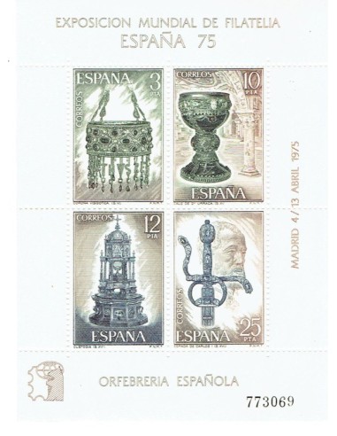 FA6006. Hojita postal, 1975, Exposicion Mundial de Filatelia ESPAÑA 75, Orfebrería española