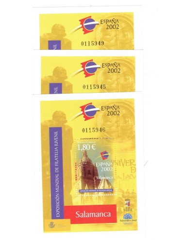 FA6067. Hojita postal, 2002, 3 hojas de la Exposicion Mundial de Filatelia de Madrid