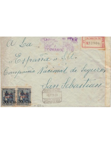 FA7008. 1938. Correo certificado circulado de Santa Isabel a San Sebastian