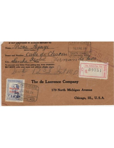 FA7012. 1934, Correo certificado circulado de Santa Isabel a Chicago (Estados Unidos)