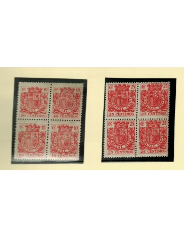 FA7063. FISCALES. 1934-36, Bloques de 4 sellos de 10 y 25 c. de timbres especiales moviles