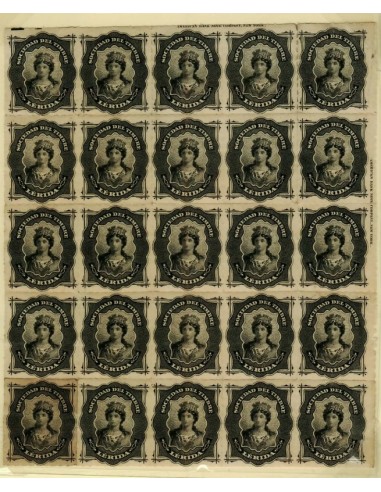 FA7087. FISCALES, Bloque de 25 sellos de Contraseña de Lerida de la Sociedad del Timbre