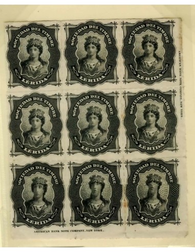 FA7090. FISCALES, Bloque de 9 sellos de Contraseña de Lerida de la Sociedad del Timbre