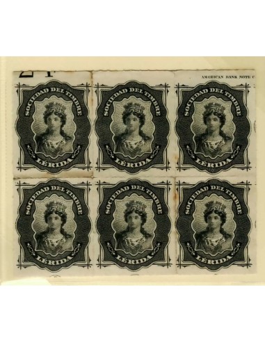 FA7092. FISCALES, Bloque de 6 sellos de Contraseña de Lerida de la Sociedad del Timbre