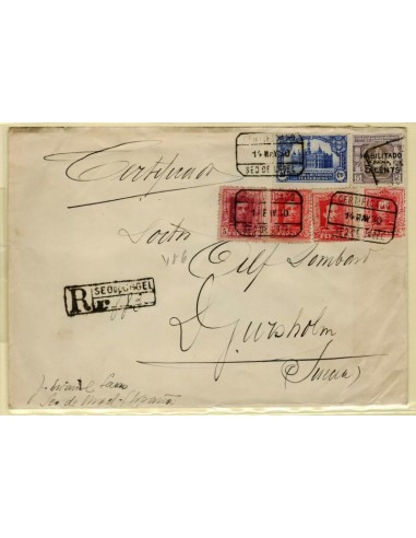 FA7136. 1930, Certificado de Seo de Urgell a Suecia, franqueo complementario con sellos beneficos