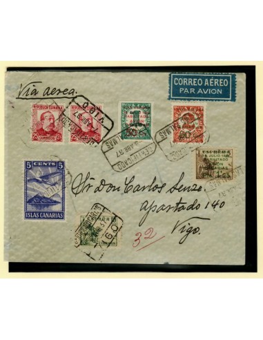 FA7183. 1937, 3 de abril. Frontal de correo certificado de Las Palmas a Vigo