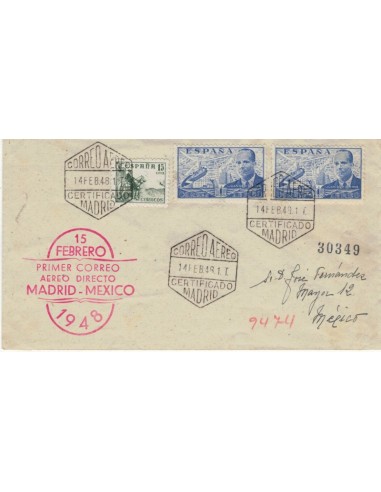 FA7353. HISTORIA POSTAL. 1948, Correo certificado de Madrid a Mexico. Primer día correo aereo