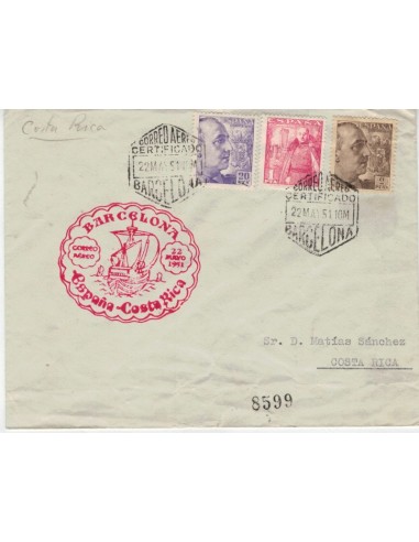 FA7354. HISTORIA POSTAL. 1951, Correo certificado de Barcelona a Costa Rica