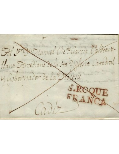 FA0991. PREFILATELIA. Marca de franqueo previo en pieza postal de San Roque a Cadiz