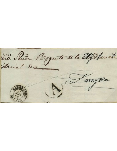 FA1017. PREFILATELIA - Pieza postal (Plica) de Barbastro a Zaragoza. Rareza RR