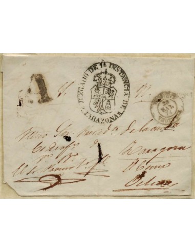 FA1024. PREFILATELIA - Pieza postal (Plica) con marca de abono de Tarazona a Delica. Rareza RR