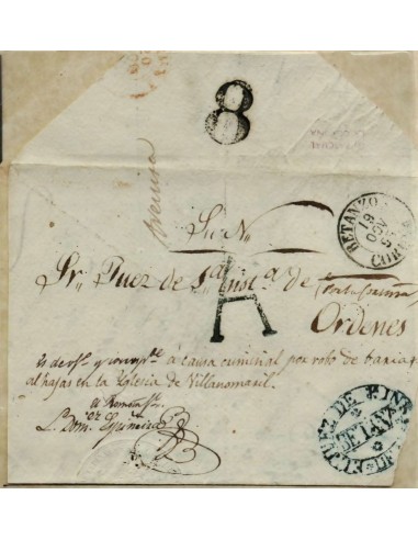 FA1064. PREFILATELIA - Pieza postal (plica) con marca de abono de Betanzos a Ordenes. Rareza RR