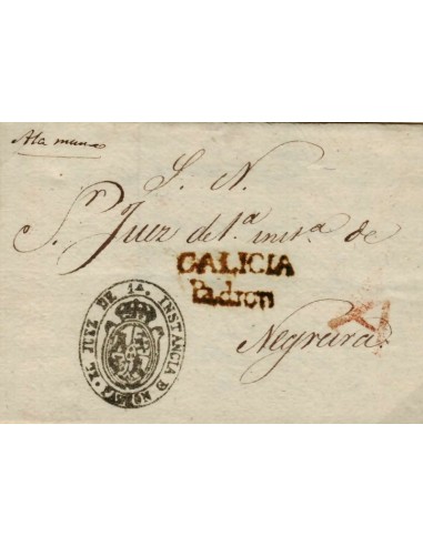 FA1094. PREFILATELIA - Pieza postal (plica) con marca de abono de Padrón a Negreira. Rareza RRR