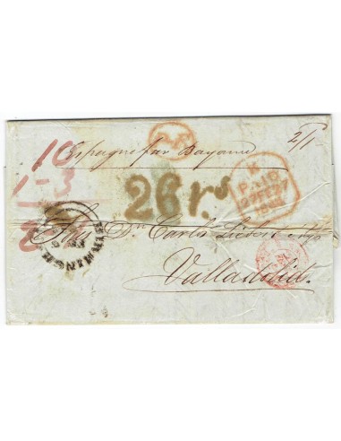 FA1367. PREFILATELIA. 1844, Carta circulada de Birmingham a Valladolid, interesantes marcas