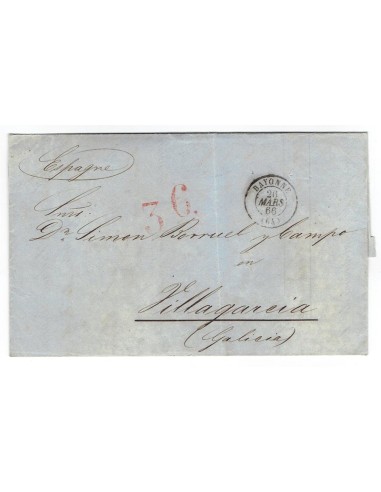 FA1399. HISTORIA POSTAL. 1866, Carta de Bayona (Francia) a Villagarcía de Arosa