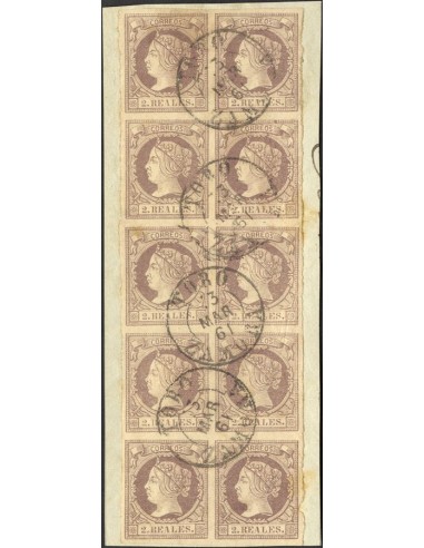 Castilla y León. Filatelia. Fragmento 56(10). 1860. 2 reales lila, bloque de diez sellos, sobre fragmento. Matasello TORO / ZA